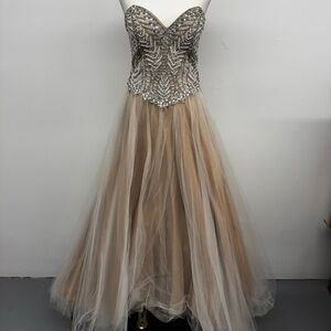 Terani Couture Strapless Sequin Gown in Silver and Tan